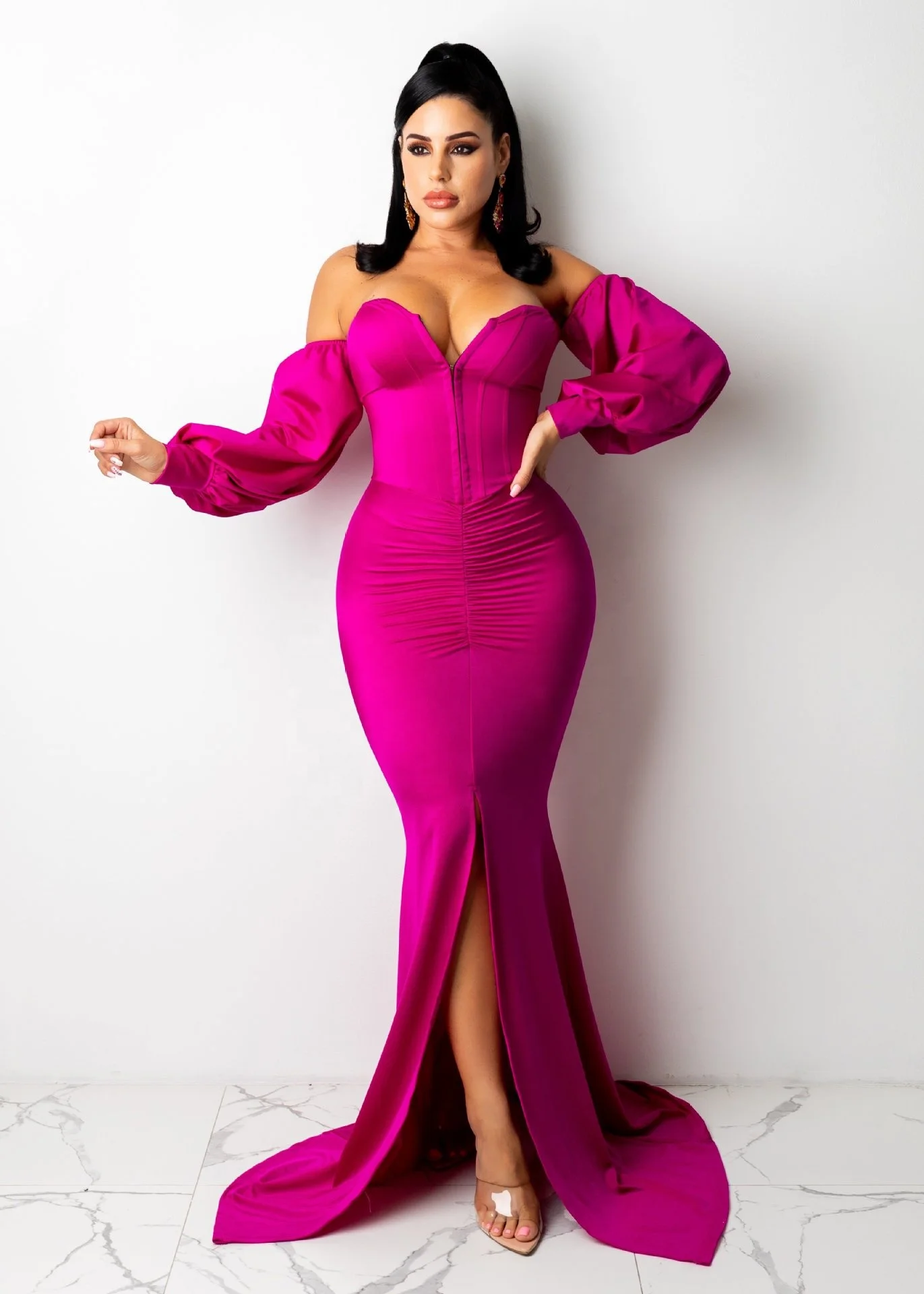 KX New stylish zipper off the shoulder corset party gowns for women evening dress long split