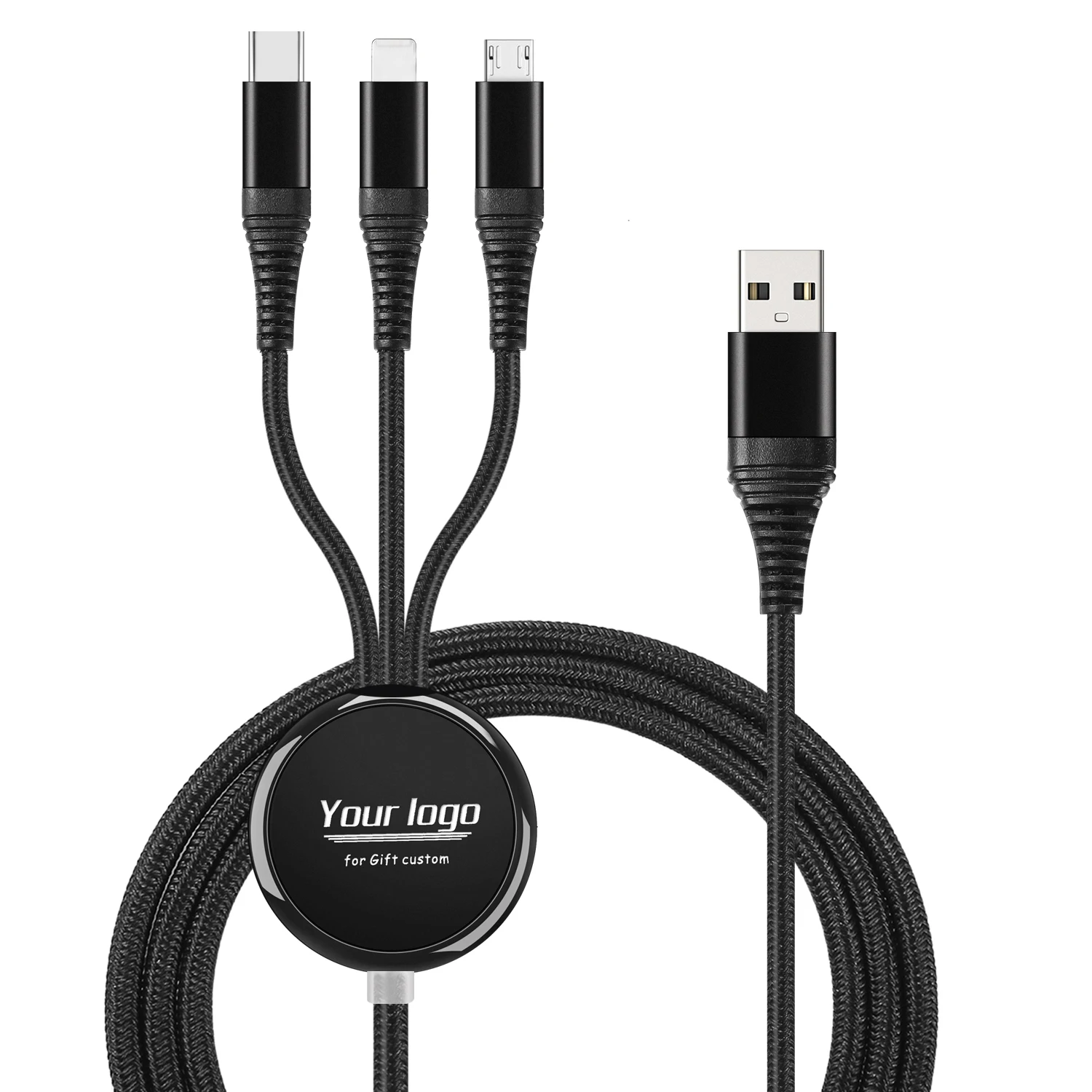  Индивидуальный логотип подарок черный Usb кабель с нейлоновой оплеткой маленький светодиодный Ночной свет 3 в 1 Многофункциональный для быстрой зарядки зарядное устройство телефонов на базе Android