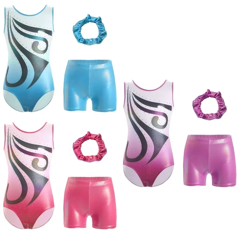 5-12 3pcs Sets Kids Girls Rhythmic Gymnastics Dance Outfit Sleeveless Leotard With Shorts Hair Band Suits For Practice