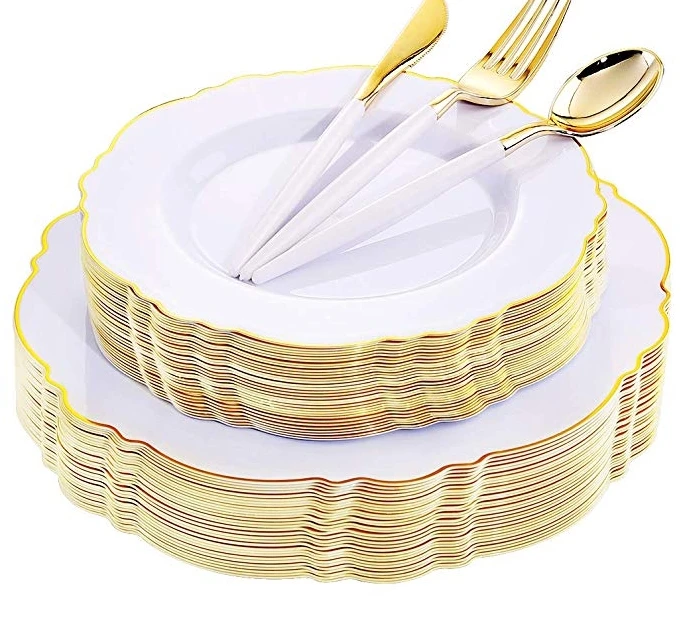 Золотые пластиковые тарелки, одноразовые Золотые пластиковые столовые приборы с белой ручкой, пластиковая посуда в стиле барокко из белого золота
