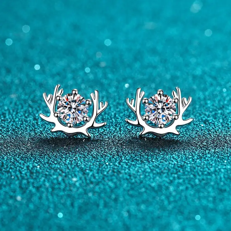 925 pass diamond test d color wholesale Christmas Antler vvs real gra moissanite stud earring for women