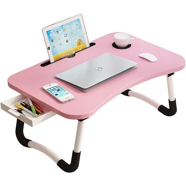 Large Size Bed Stand Portable Standing Sofa Couch Table with Cup and Tablet Holder Foldable Legs Lap Desk with Storage Drawer