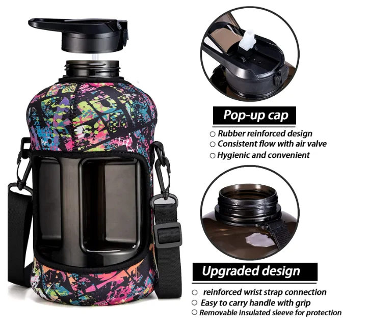 Custom Low MOQ Motivational Time Marker Half Gallon Water Bottle Water Proof Protective Sleeve with Strap