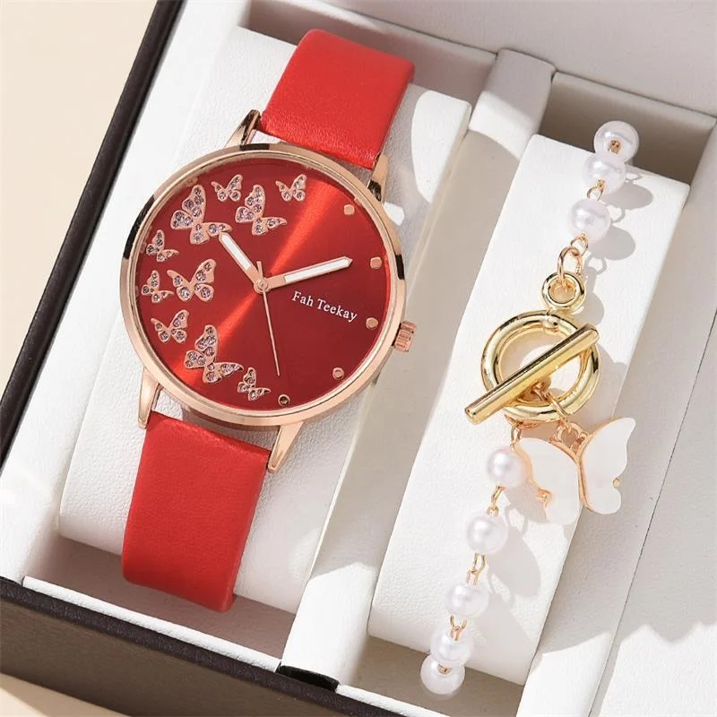 Many Different Colors Fashion Pearl Bracelet with Lady butterfly Belt Quartz Watch Set Jewelry