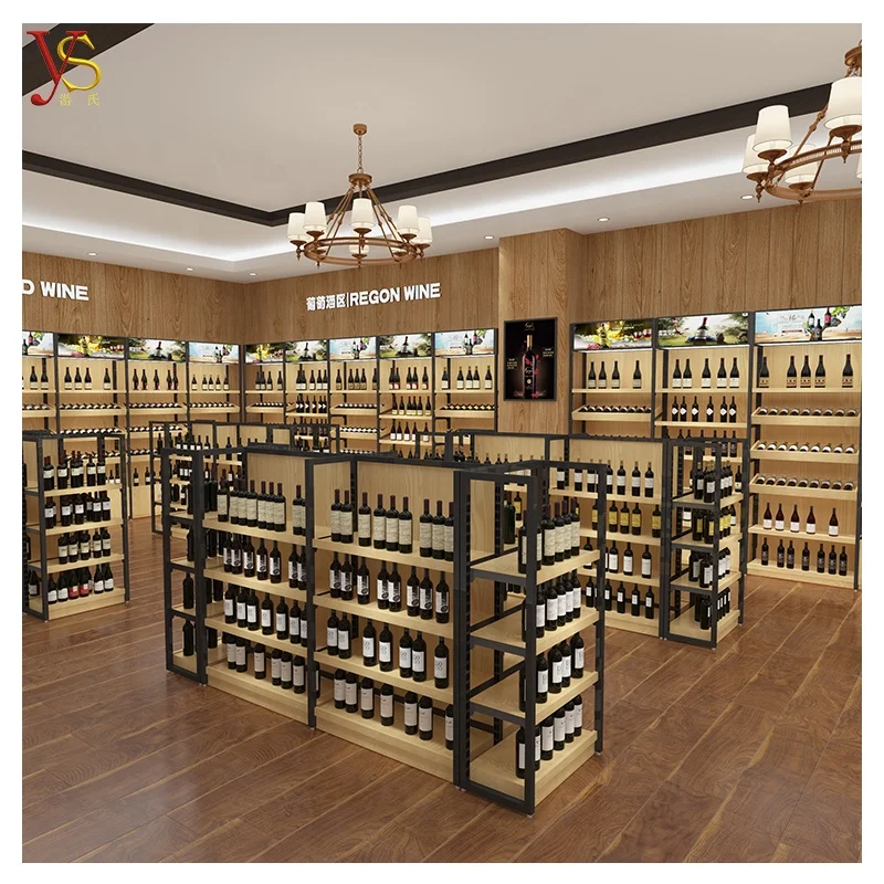 YSshelves design wine shop supermarket display cabinet led store liquor wooden wine shelving whisky display rack