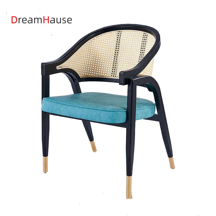 Dreamhause Simple Modern American Solid Wood Dining Chairs Wood Rattan Chair Nordic Cafe Chair with PU Upholstered