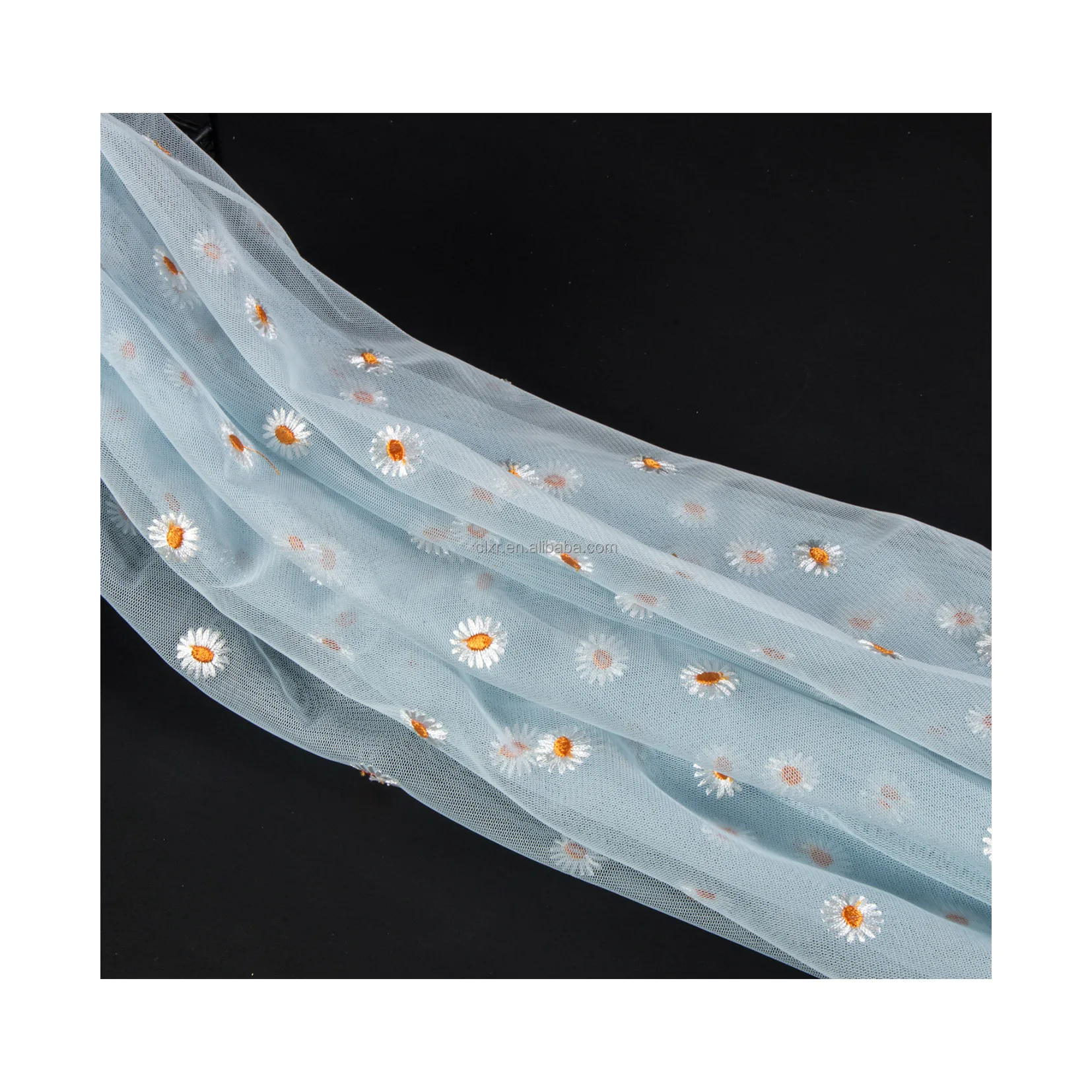 Recycled Tulle Mesh Fabric Sunflower Embroidery Multi Color Fancy Tulle Fabric For Wedding Dress