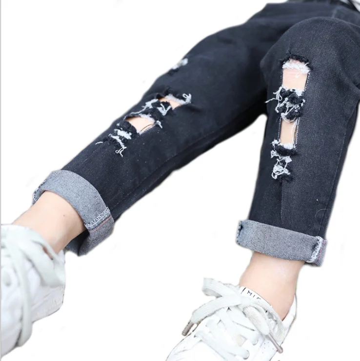 
Custom Wholesale Factory Children Teen Girls Fashion designer distressed Denim Pants Spring Kids Ripped Jeans 