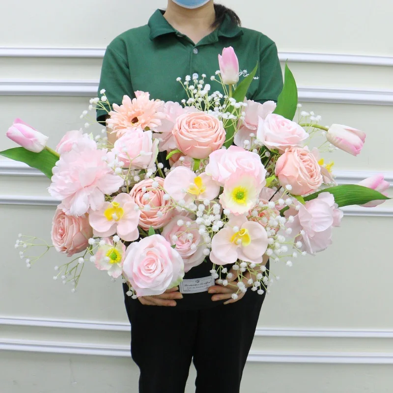 Round Hug Bucket Flower Box Festival Gift Artificial Sunflower Rose Orchid Bouquet Wedding Party Decor Table Centerpieces Floral