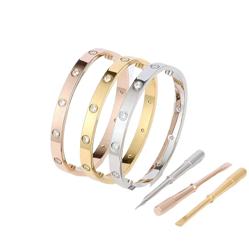 
316L stainless steel SCREW Bracelets with 10/4 crystals women men Couple Gold Plated Jewelry screwdriver LOVE Bangles 