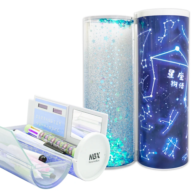 
NBX Blue Cartoon Pencil Case Large Capacity Creative Glitter Quicksand Pencil Box With Calculator And Mirror Stationery Box 