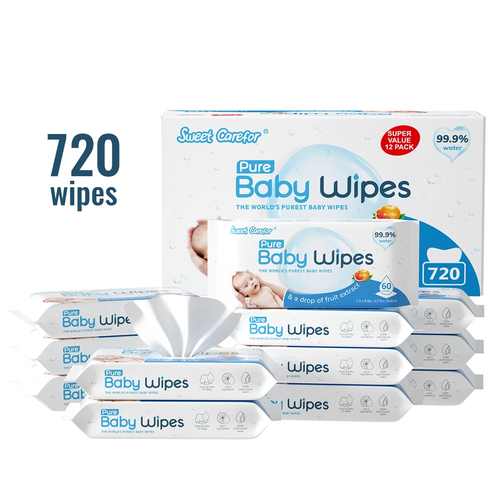 12PACKS X 60 Pure Baby wipes Purest Formula SGS Tested Free of Benzalkonium Chloride Zero Plastic Wipes