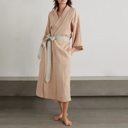 OEM Custom Luxury Linen Cotton Kimono Bathrobe Long Sleeve Long Robe Pajamas with Different Color Sash