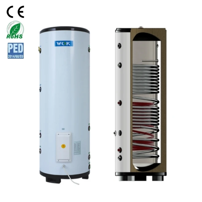 Air source heat pump domestic hot water tank with coil heat exchanger for solar collector for bath