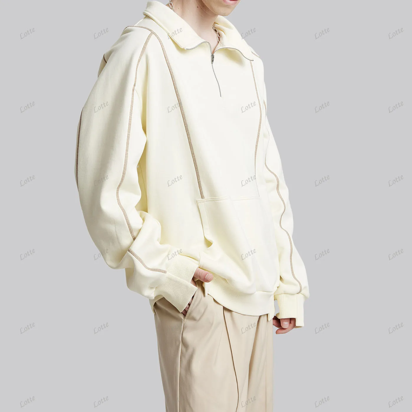 Custom Logo Korean Vintage Distressed Streetwear Half Zip Hoodie Washed Oversized Drop Shoulder Sweatshirt With Zippers