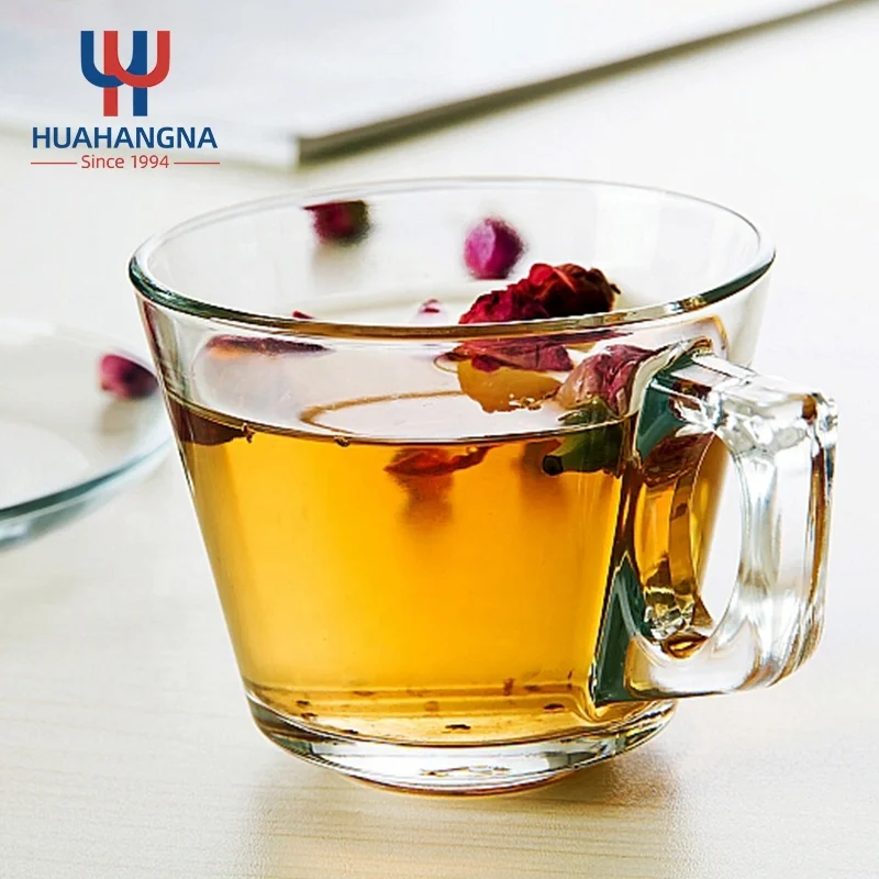 210ml 7oz Premium Customized Logo Lightweight Durable Clear Glass Tea Cups and Saucers Sets of 6 for Hot Latte Beverages