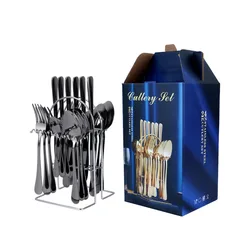Best Selling Stainless Steel Knife Fork Spoon set 24pcs Gold Flatware Luxury Cutlery Set With Stand
