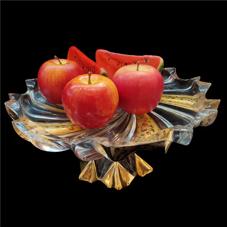 
Muslim style golden plating sculpture flower candy flat plate glass round clear flat fruit dessert plate with stand 