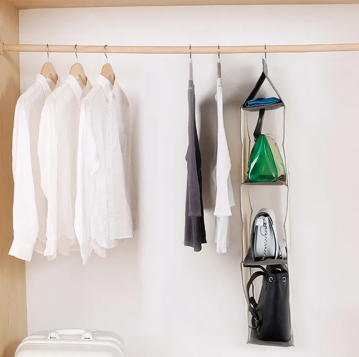 
Household Storage 3 Shelf Hanging Storage Bag for Handbag Mesh Closet Organizer Dust Cover 
