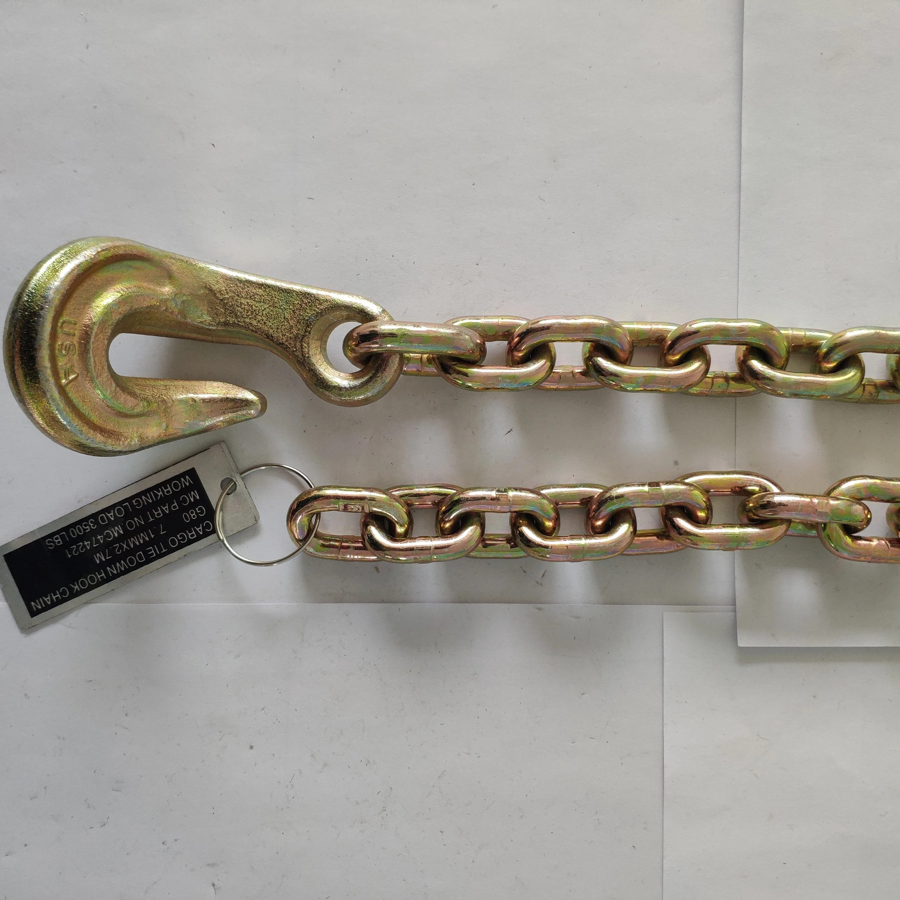 Linyi Factory Golden Galvanized G80 Cargo Tie Down Chain Lashing Chain With One Bent Hook