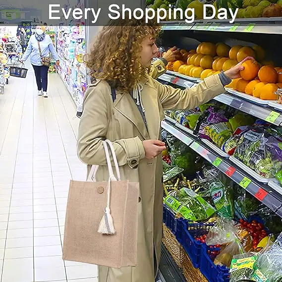 Лидер продаж пляжный продуктовый подарок Женская внутренняя сумка с пуговицами переработанная Складная Водонепроницаемая Сумка-тоут на заказ Джутовая