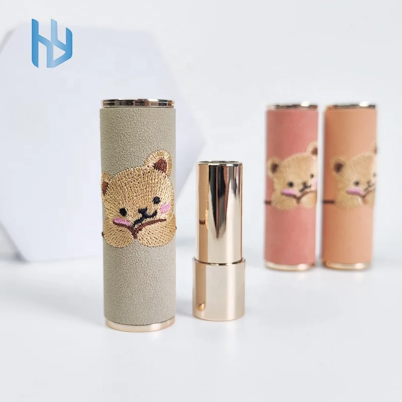 Cute Embroidery bear 12.1mm lipstick container press lipstick tube empty plastic lip balm tube