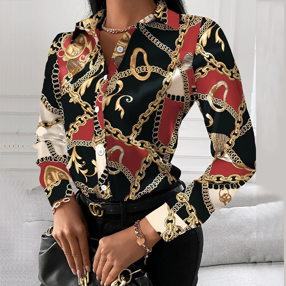 Office Ladies Elegant Chain Print Shirt Blouses Women Casual Shirts Long Sleeve Blouse Turn-down Collar Button Tops