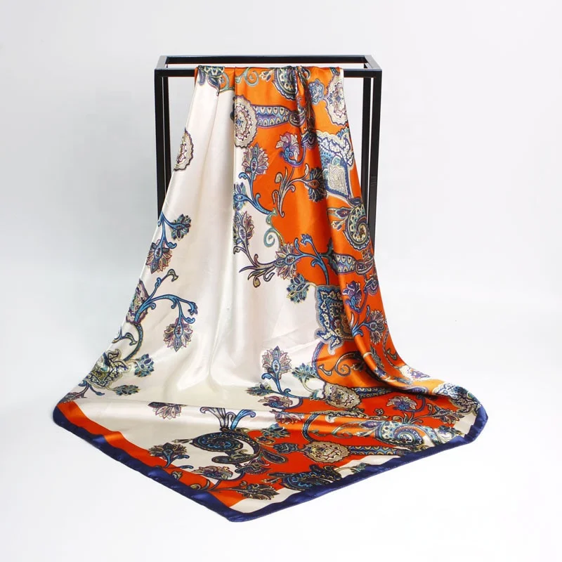 
Lady Silk Shawls Women Fashion Foulard Satin Muslim Headscarf Tassel Shawl Flower Print Square Head Scarves 