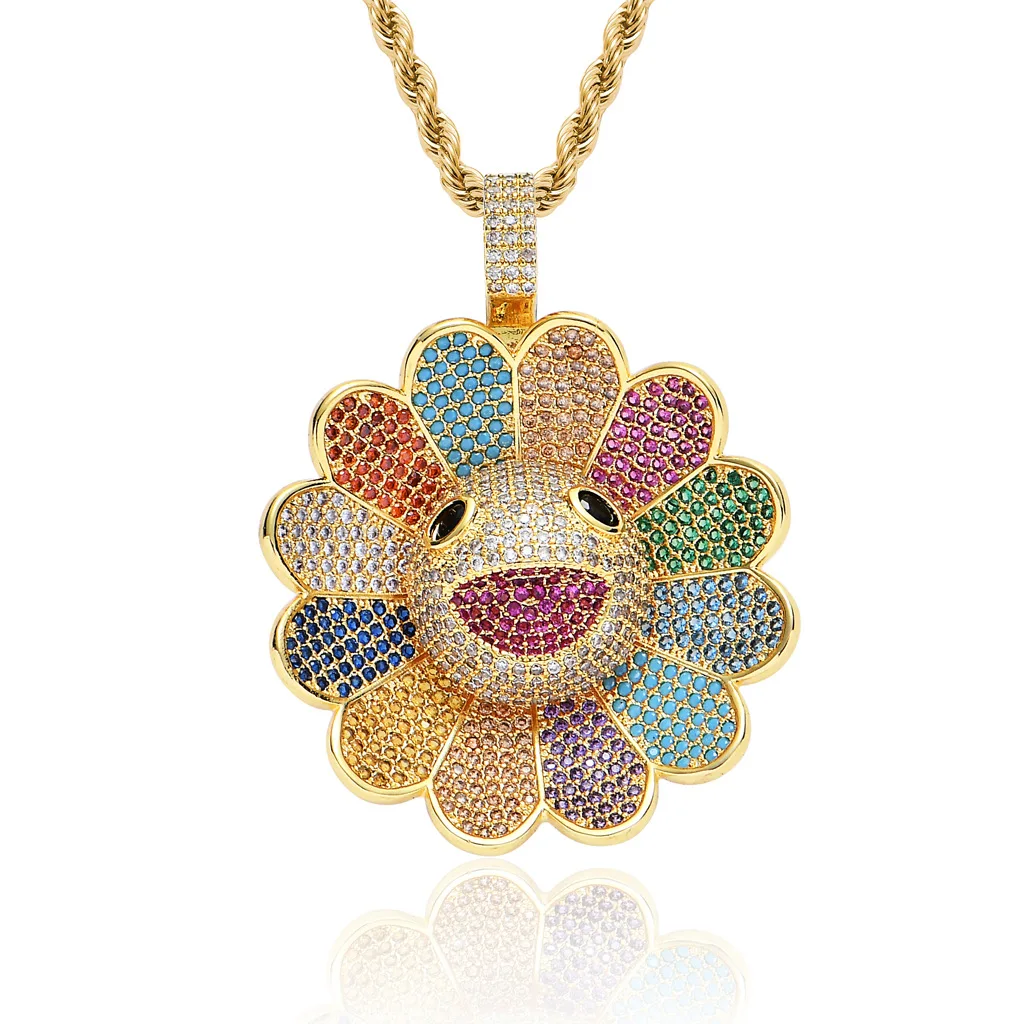 Hip Hop Seven Colors Zirconia Stone Sun Flower Rotatable Necklace for Women Men