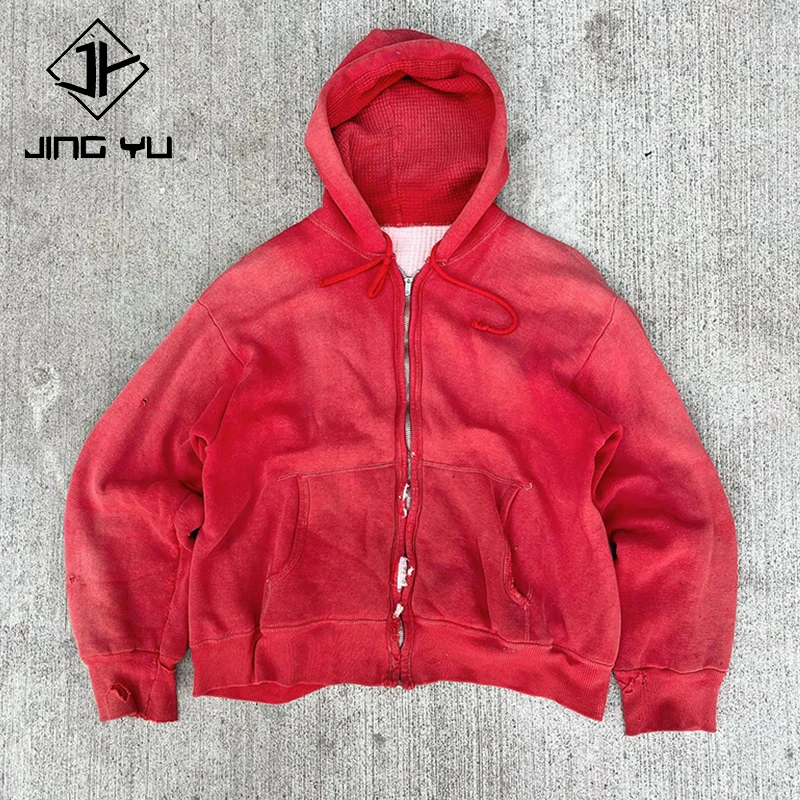 Custom Streetwear Waffle lined Hoodie Fleece Blank Zip Up vintage dye hoodie Double Layer Acid Wash Distressed red hoodie