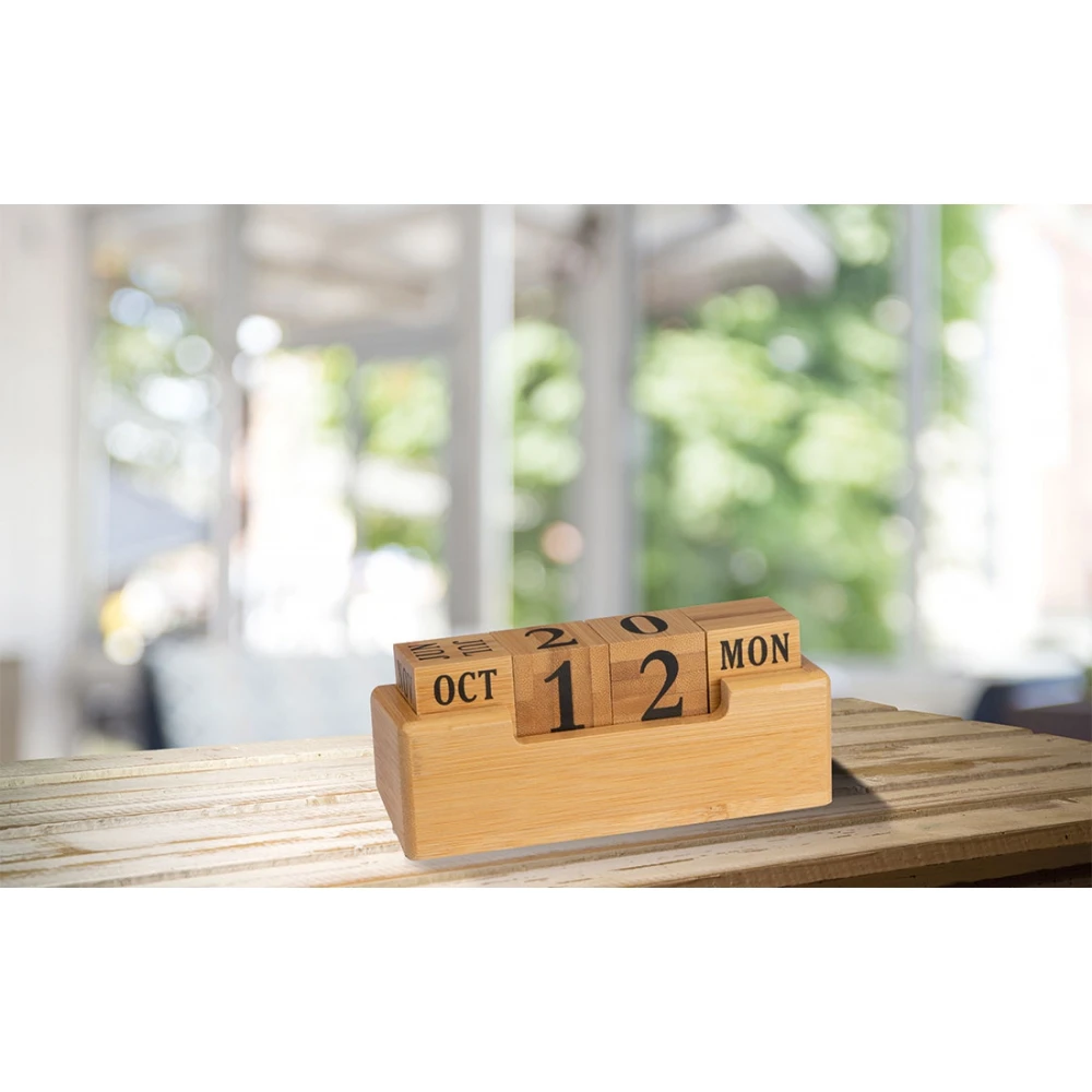 Custom Logo Reusable Non-Slip Bottom Everlasting Bamboo Board Blocks Rolling Desk Calendar For Office