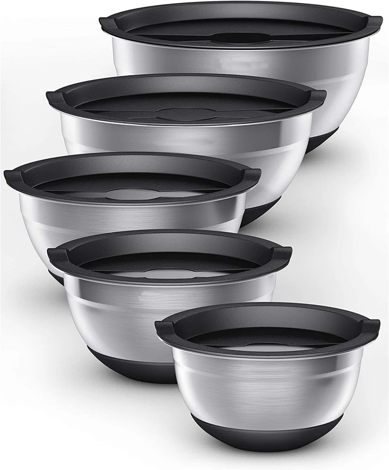 Factory Non-Slip Serving Salad Bowl Kitchen Vintage Silicone Airtight Lids Stainless Metal Large Mixing Bowl