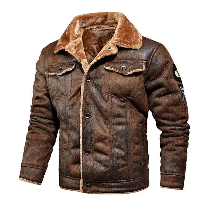 Motorcycle Wool Lining Faux Leather Jacket For Men Stylish Man Winter Thick Suede Bomber Jacket