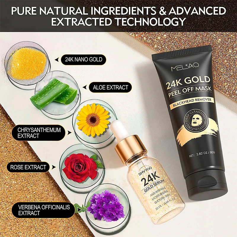 24K Gold Deep Cleansing Diets Pores Oily Peeling Mask Blackhead Remover Peel Off Face Mask with Brush Serum