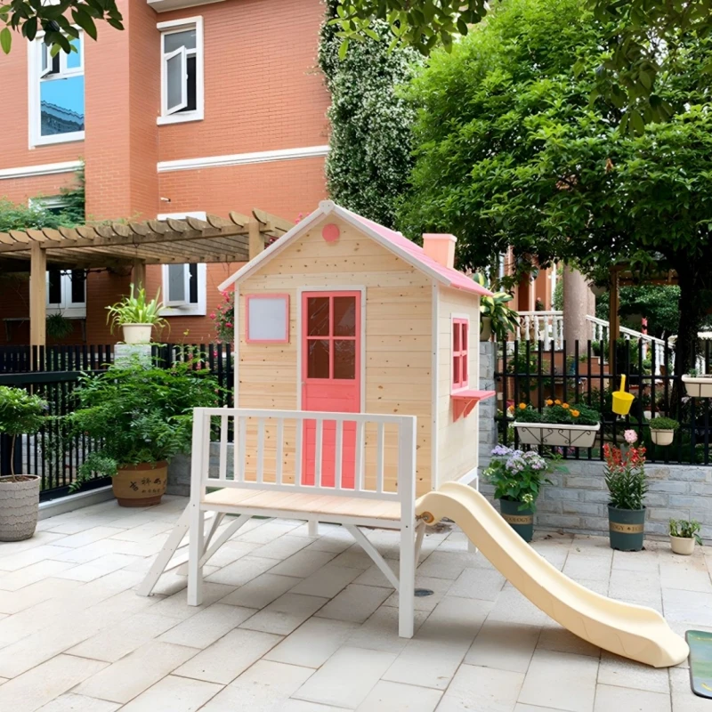 Outdoor Backyard Wooden Play Home with Slide  for Kids Playing