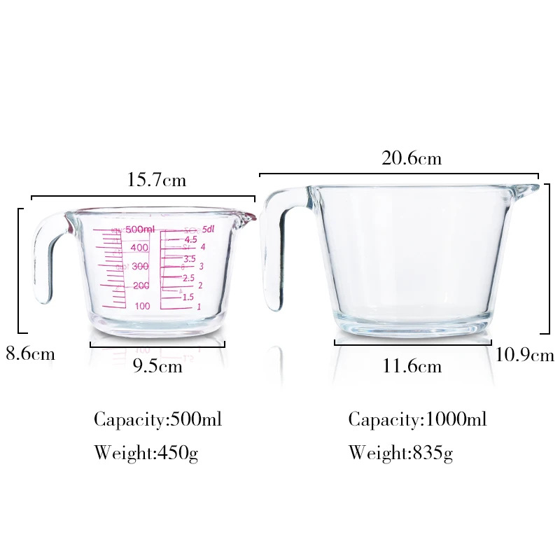 Transparent Glass Measure 500ml 1000ml Heat Resistant Measuring Cup Pyrex Bulk Measuring Cup
