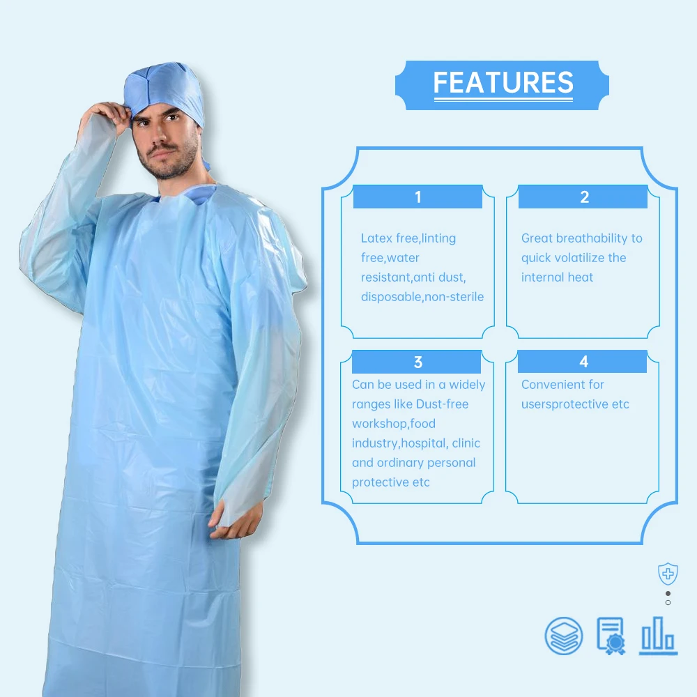 Blue & White disposable waterproof Plastic patient cpe gown with rubber rolled cuff Available in standard and reinforced