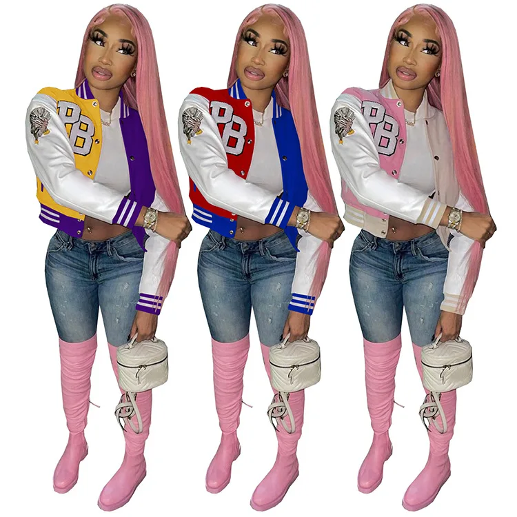 Wholesale Fashion Letters Women Short Casual Cheap Leather Sleeves Crop Baseball Pink Varsity Jacket