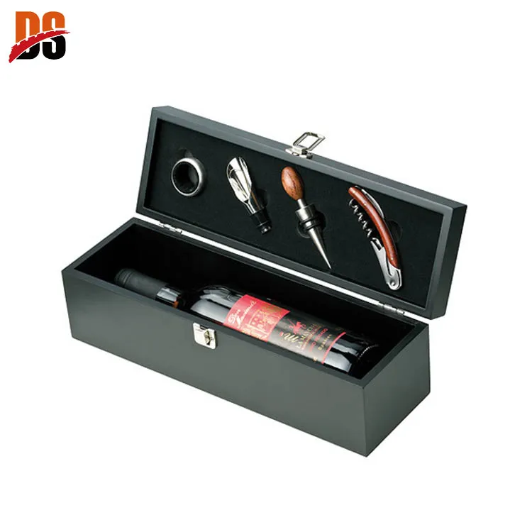 Высококачественная черная деревянная Подарочная коробка для вина с аксессуарами