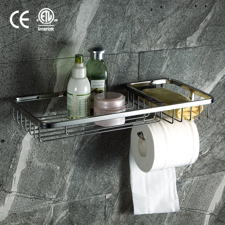 Оптовая продажа настенный один ярус нержавеющая сталь ванная комната корзина с бумага вешалка крюк