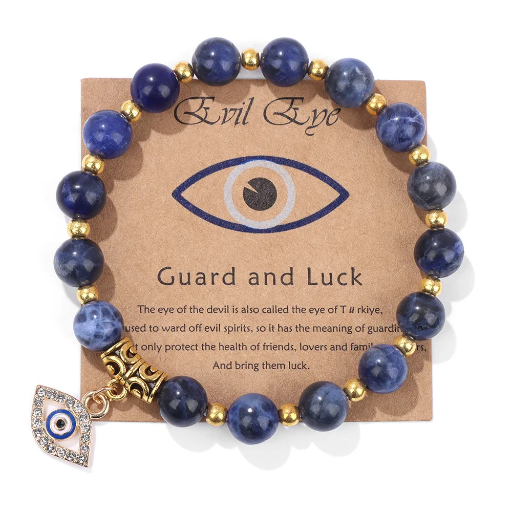 8mm Semi-Precious Gemstone Bracelet with Evil Eye Charm Healing Crystal Stone Stretch Bracelets for Men Women