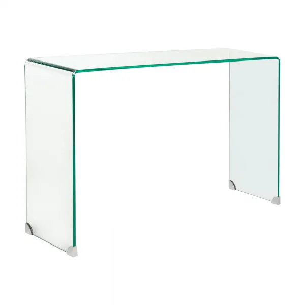 Contemporary transparent glass U-shaped side table is simple and luxurious placed beside the sofa and the study