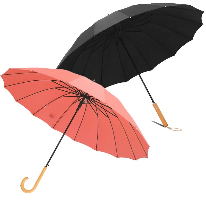Wholesale 16 Ribs Stick umbrella Strong Windproof Straight Umbrella Wooden Handle Luxury Long Umbrella