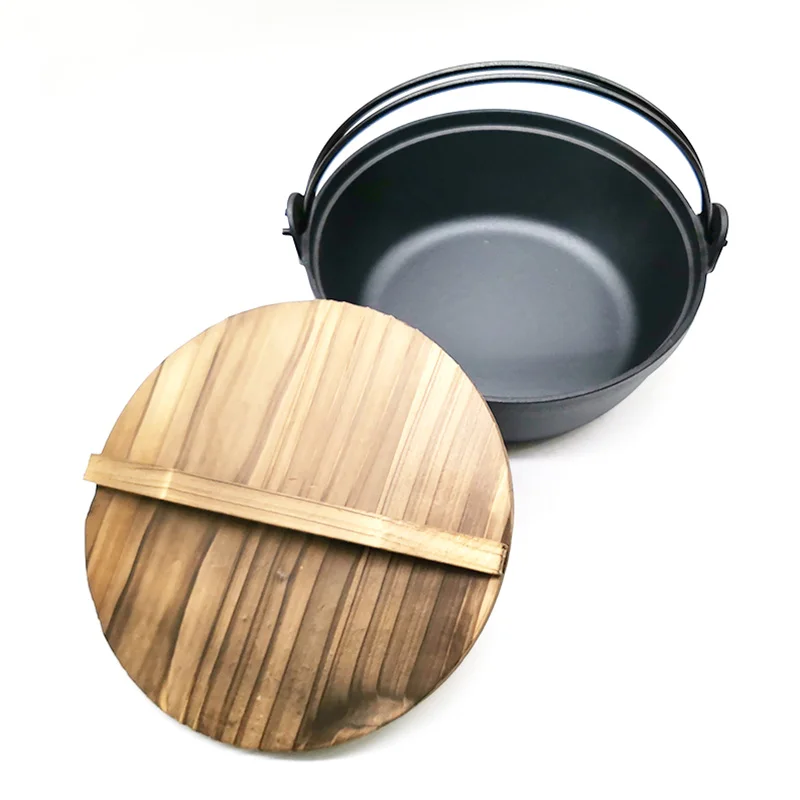 25cm Cast Iron Japanese Style Sukiyaki Tetsu Nabe Shabu Hot Pot with Wooden Lid