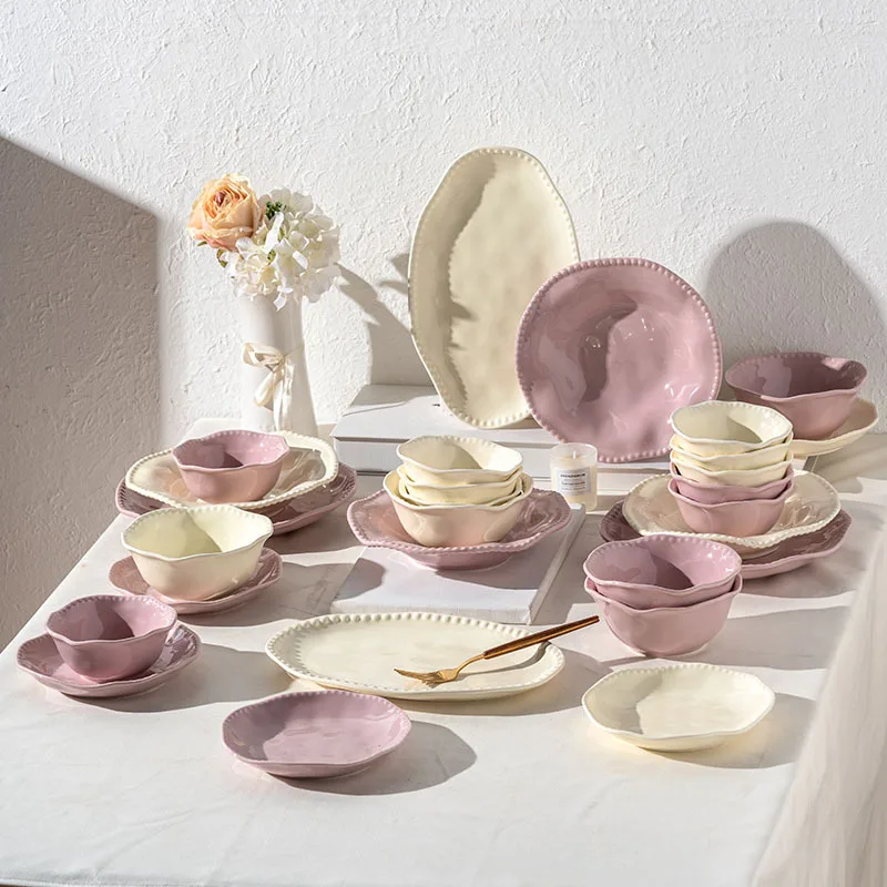 Nordic Wavy emboss design white pink wedding tableware gift item ceramic plate sets dinnerware for restaurant