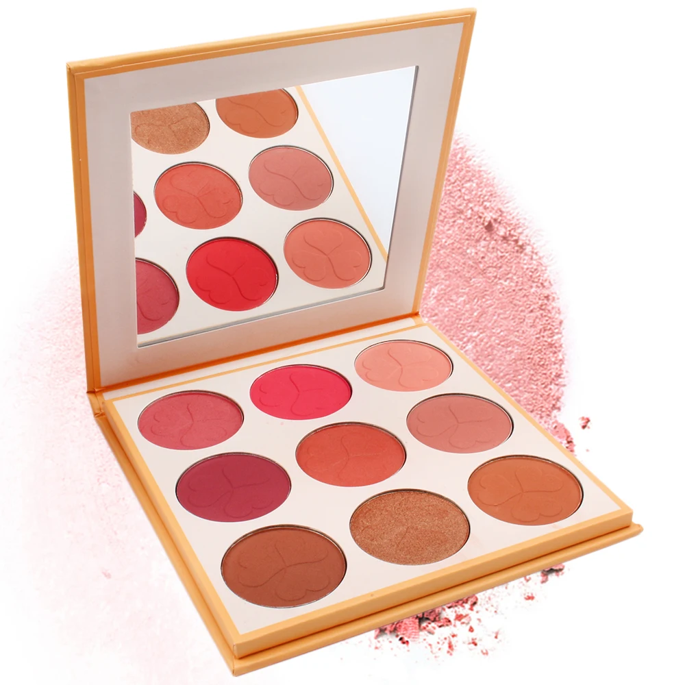 OEM Wholesale Cardboard Blush Palette 9 Colors Face Makeup Shimmer Blush Powder With Mirror Blusher Vegan Cosmetic