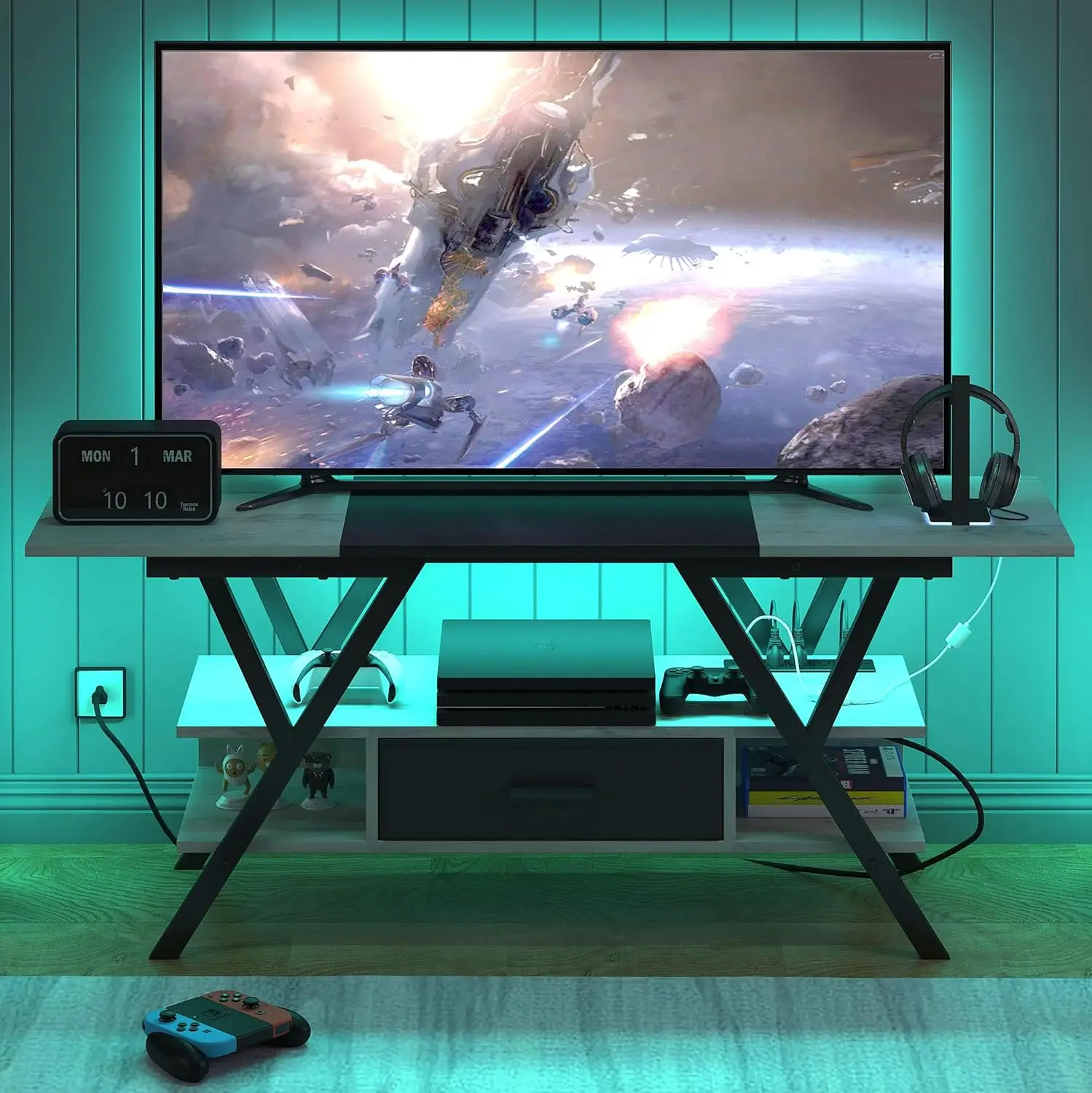 Modern Wooden Multimedia Entertainment Center Gaming TV Table Outlets Media Console Living Room LED TV Stands Table