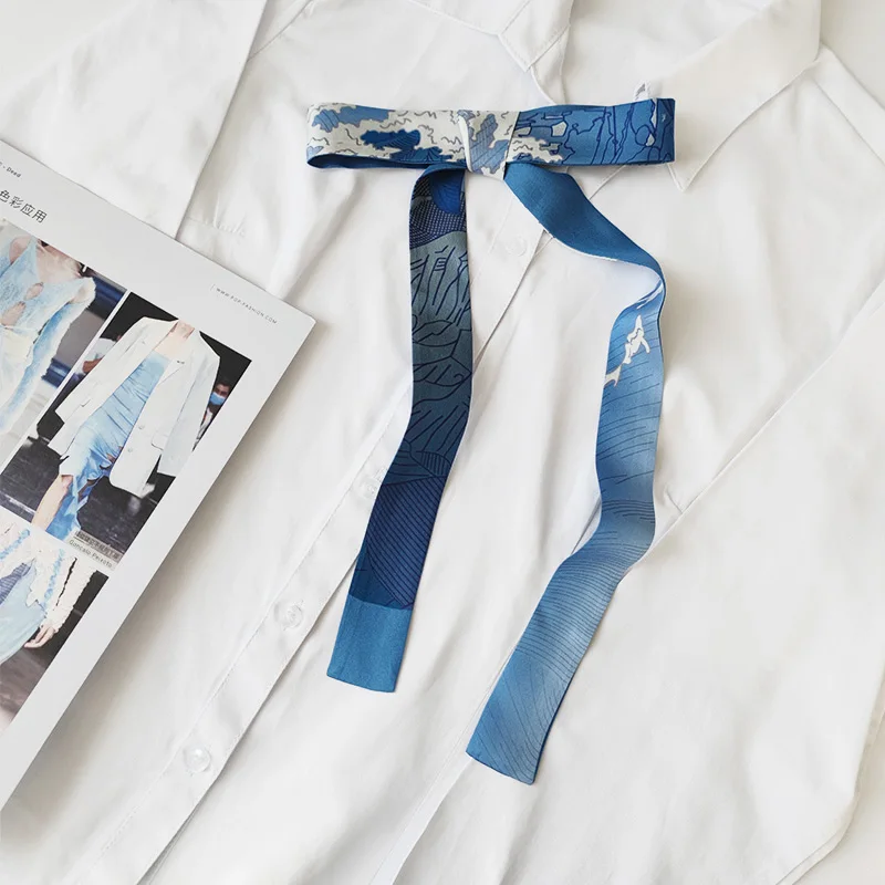 Summer Women Short Stain Ribbon Handbag Narrow Scarf Ladies Twill Silk Scarf