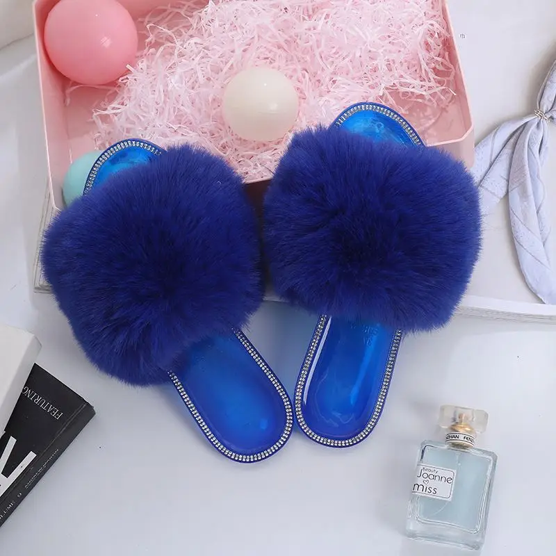 Custom Furry Rabbit Fur Foam House Soft Comfy Flat Fluffy Fur Slide Sandals Slippers for Women