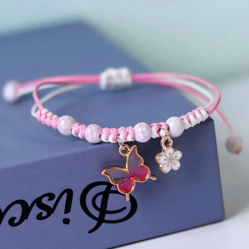 Couple Friendship Resin Butterfly Bracelets Bohemian Ceramic Beaded Enamel Flower Charm Handmade Braid Rope Girl Cute Bracelet